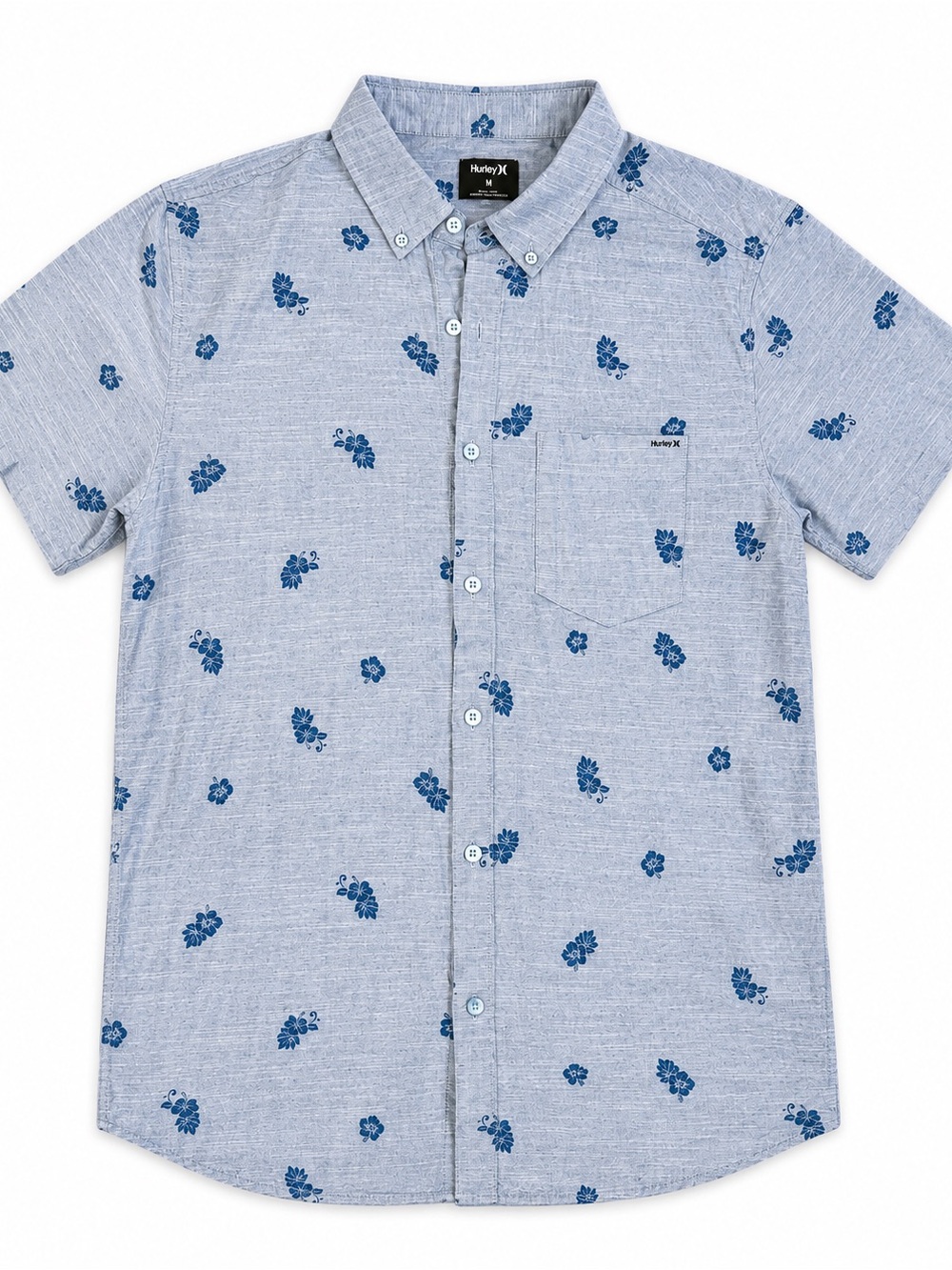 Hurley Floral Print Button Up Shirt Men's Medium Blue Short Sleeve Beach